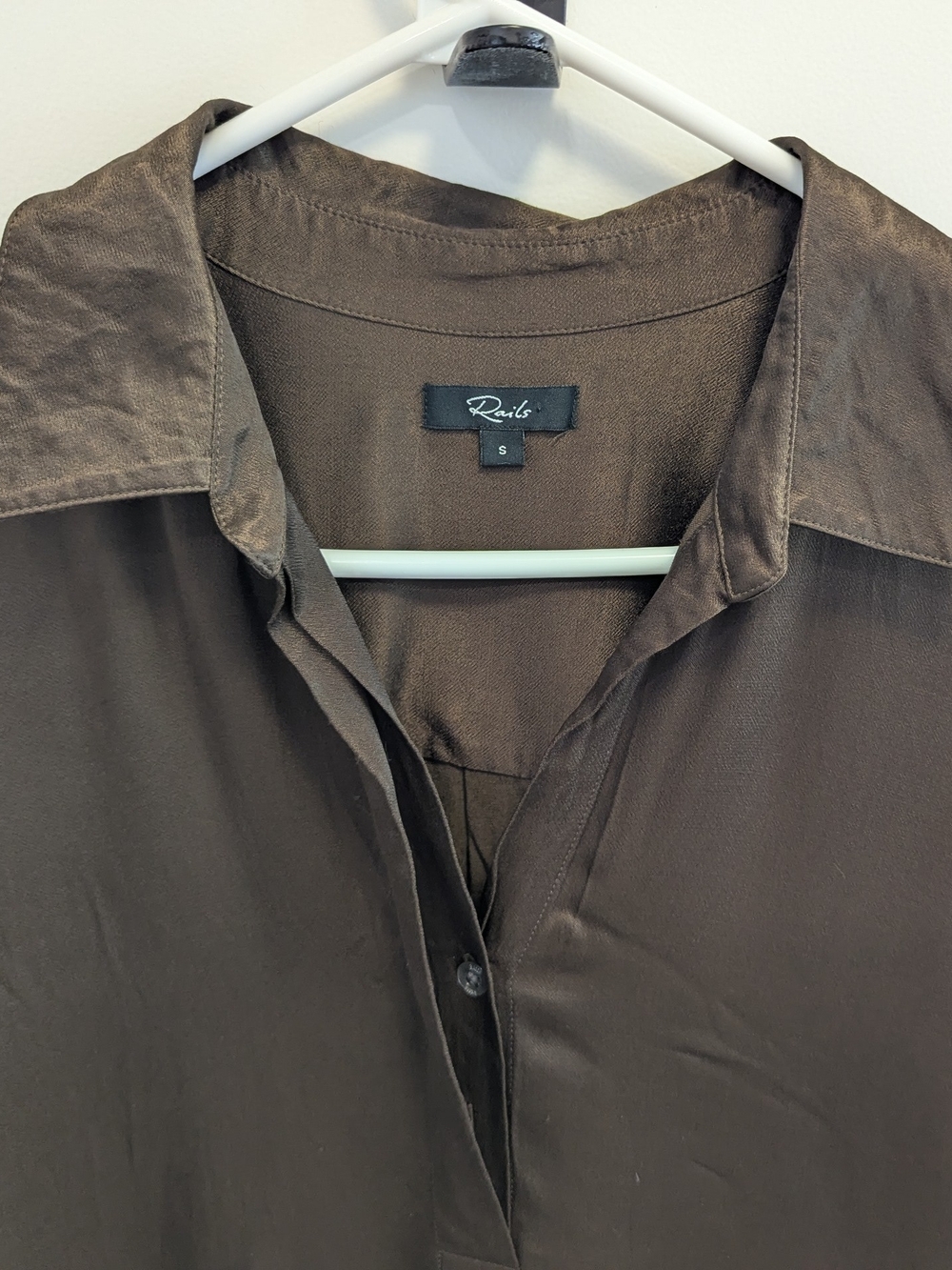 Rails Brown Silky Blouse | Drapey Minimalist Button Front Top - Picture 3 of 8
